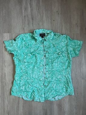 Cattlelac Ranch Paisley Pearl Snap Short Sleeve Shirt Teal White Large